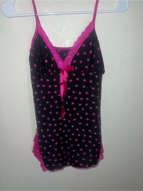 Black Chemise with Hot Pink Heart Print and Lace Trim